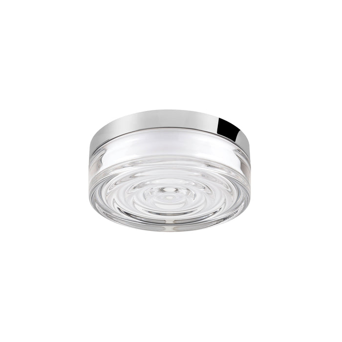 Clear glass flush mount ceiling light with polished chrome trim.