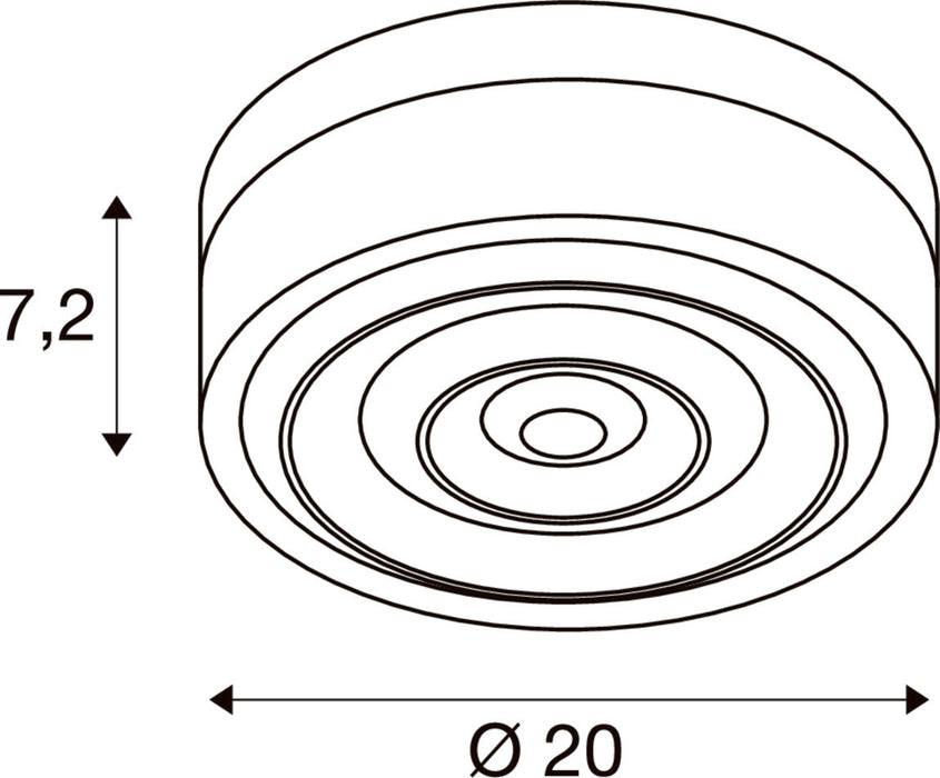 Technical drawing of a round, surface-mounted light fixture with dimensions.