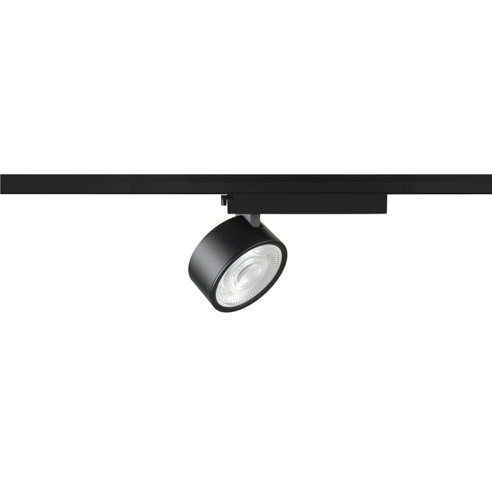 Black track lighting fixture, cylindrical head, adjustable, mounted on track.