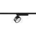 Black track lighting fixture, cylindrical head, adjustable, mounted on track.