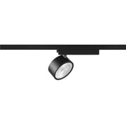 Black metal track lighting fixture, adjustable spotlight.