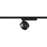 Black track lighting fixture, metal with matte finish, track mounted.