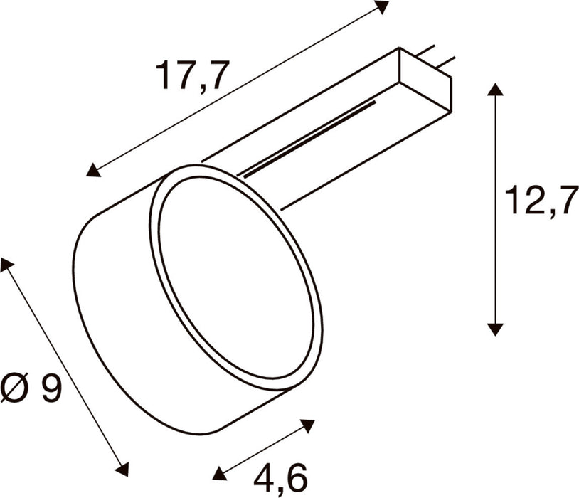 Technical drawing of a cylindrical spotlight with dimensions.