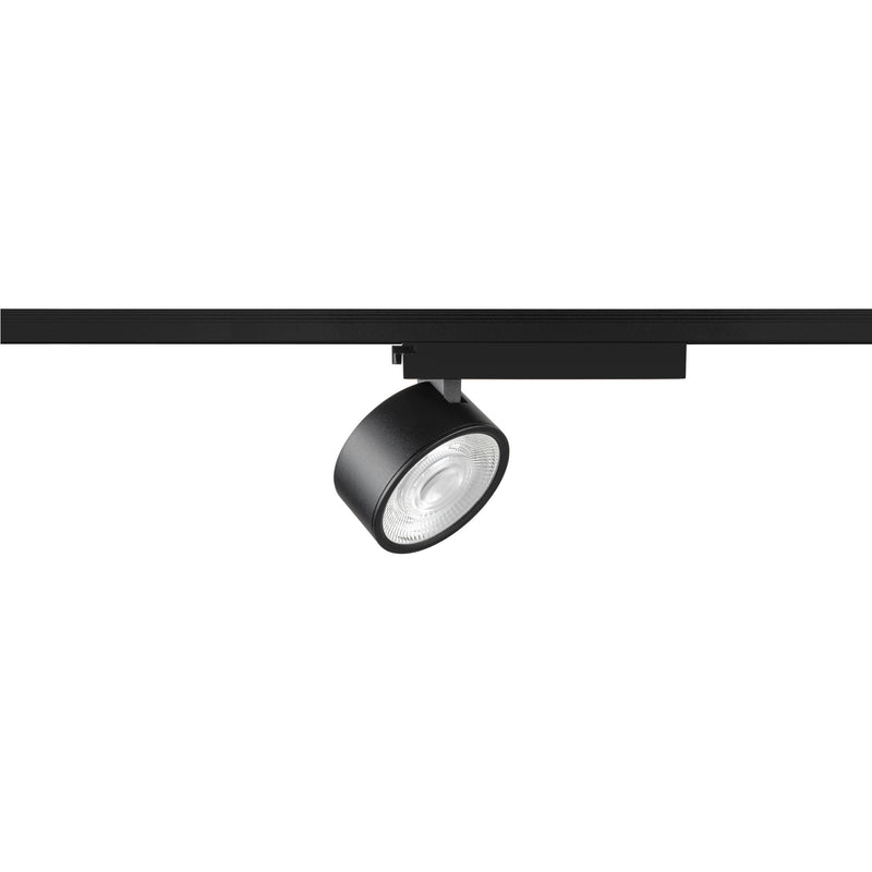 Black metal track lighting fixture, surface mounted.