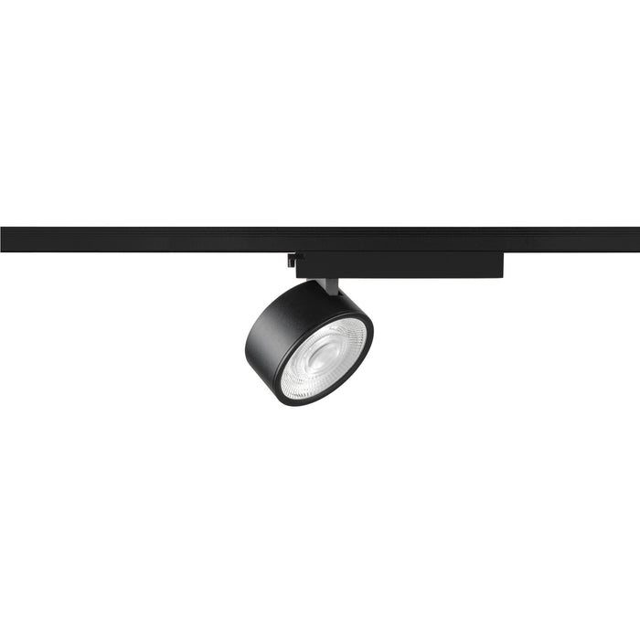 Black metal track lighting fixture, surface mounted.