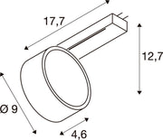 Technical drawing of a cylindrical spotlight with dimensions.
