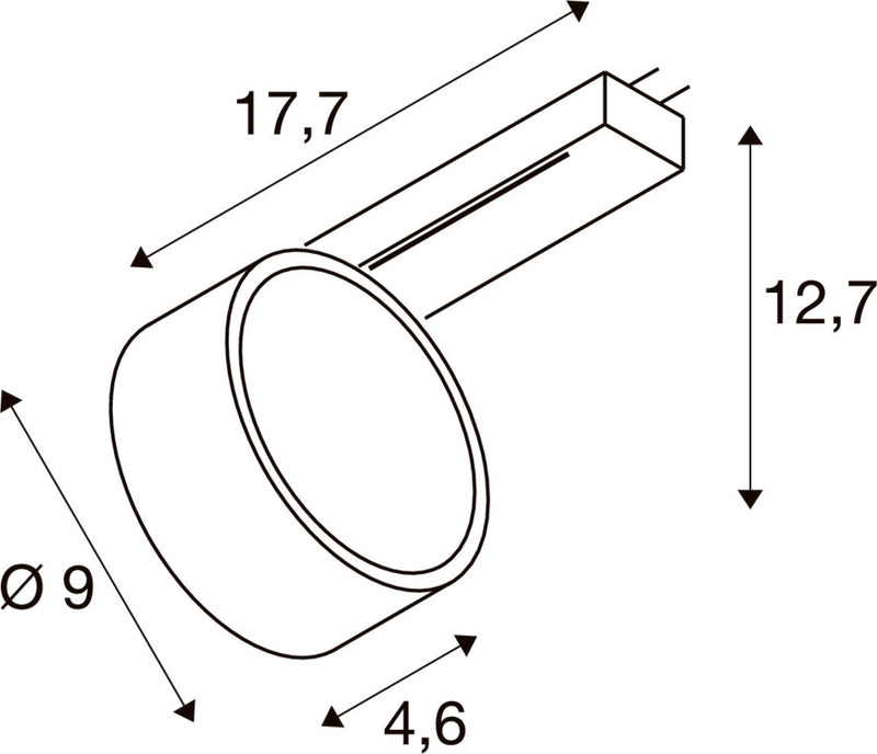 Technical drawing of a cylindrical spotlight with dimensions.