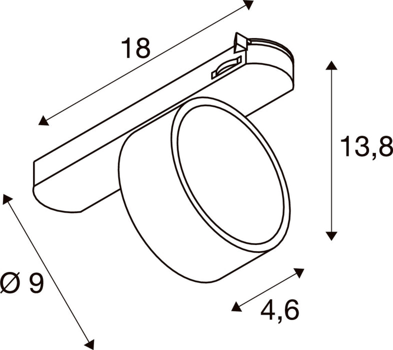 Technical drawing of a track light fixture with dimensions.