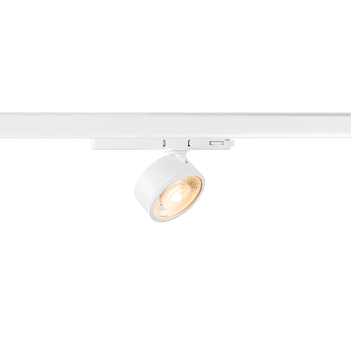 White track lighting fixture, adjustable spotlight head, track mounted.