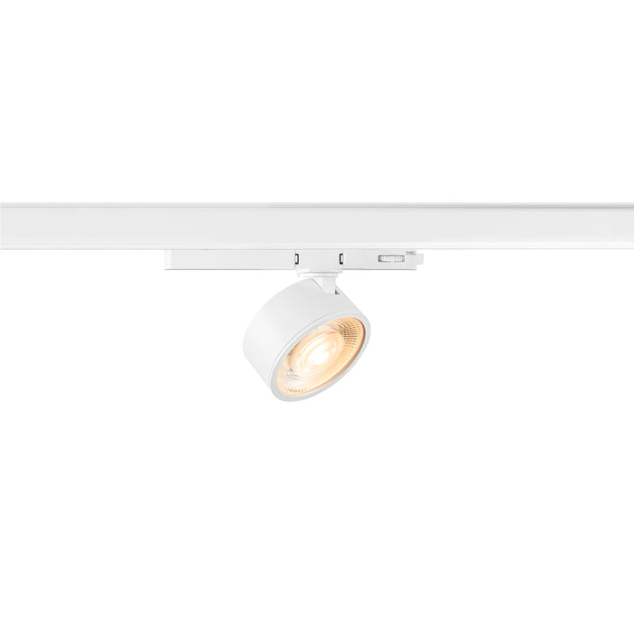 White track lighting fixture, adjustable spotlight head, track mounted.