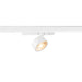 White track lighting fixture, adjustable spotlight head, track mounted.