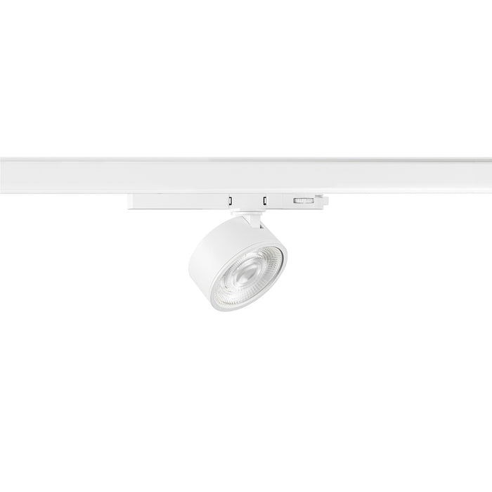 White track lighting fixture, metal, matte finish, track mounted.