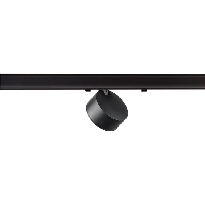 Black metal track lighting fixture with a matte finish, mounted on a track.