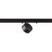 Black metal track lighting fixture with a matte finish, mounted on a track.