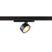 Black metal track lighting fixture, adjustable spotlight head.