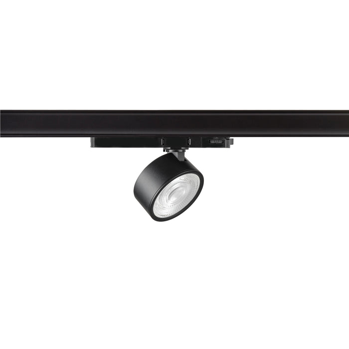 Black metal track lighting fixture with adjustable spotlight head.
