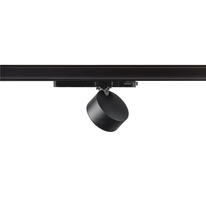 Black track lighting fixture, matte finish, track mounted.