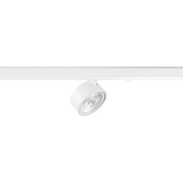 White track lighting fixture, metal construction, matte finish, track mounted.