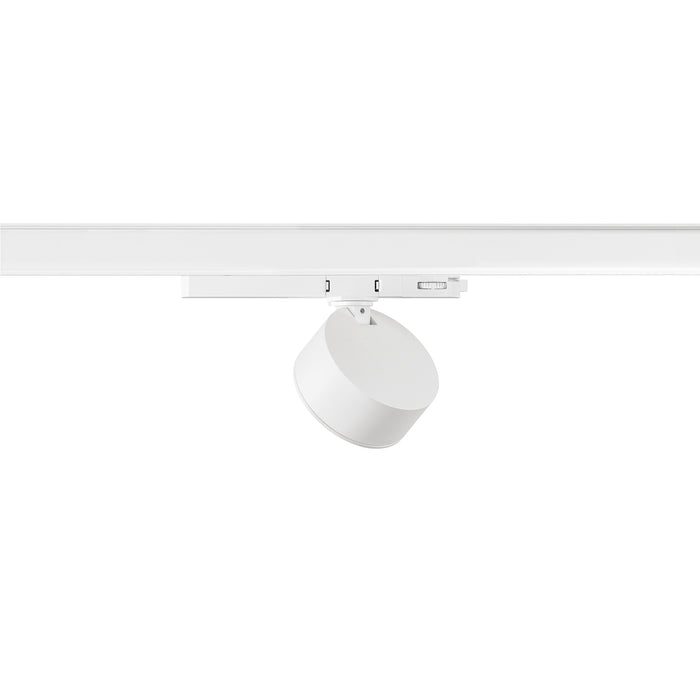 White track lighting fixture, adjustable spotlight head.