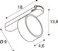 Technical drawing of a track light fixture with dimensions.