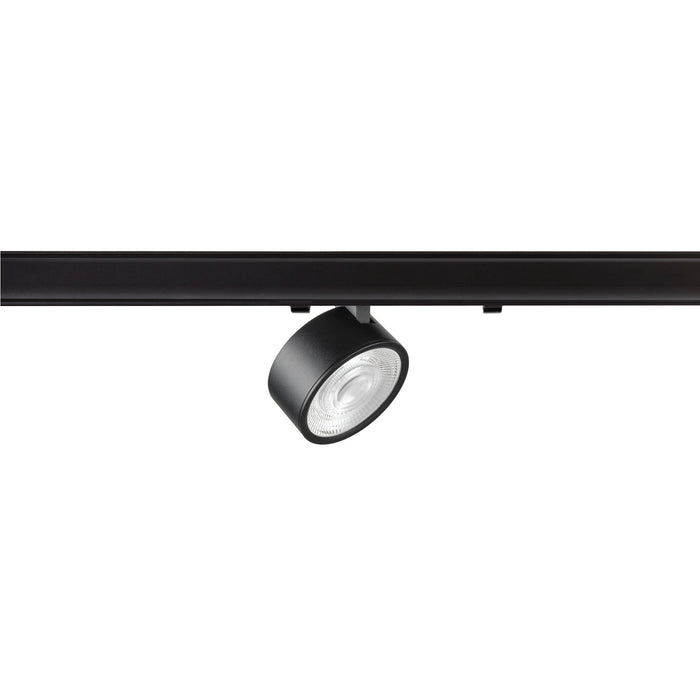 Black track lighting fixture, metal construction, matte finish, track mounted.