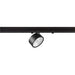 Black track lighting fixture, metal construction, matte finish, track mounted.