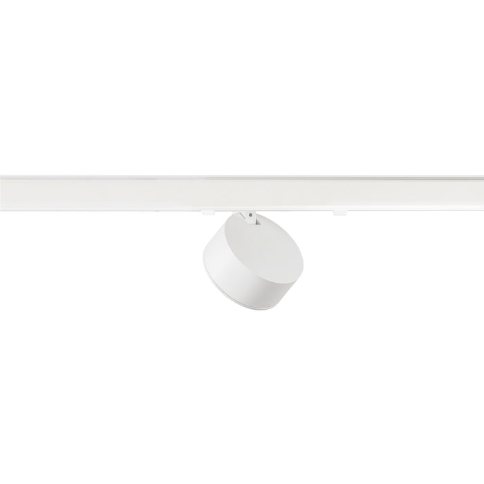 White track lighting fixture, cylinder head, matte finish, track mounted.