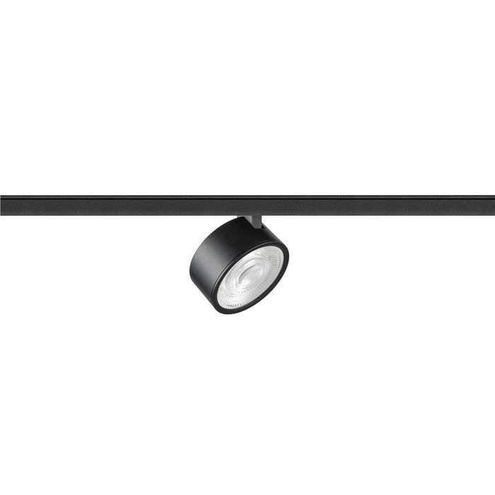 Black track lighting fixture, cylinder head, mounted on track.
