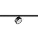 Black track lighting fixture, cylinder head, mounted on track.