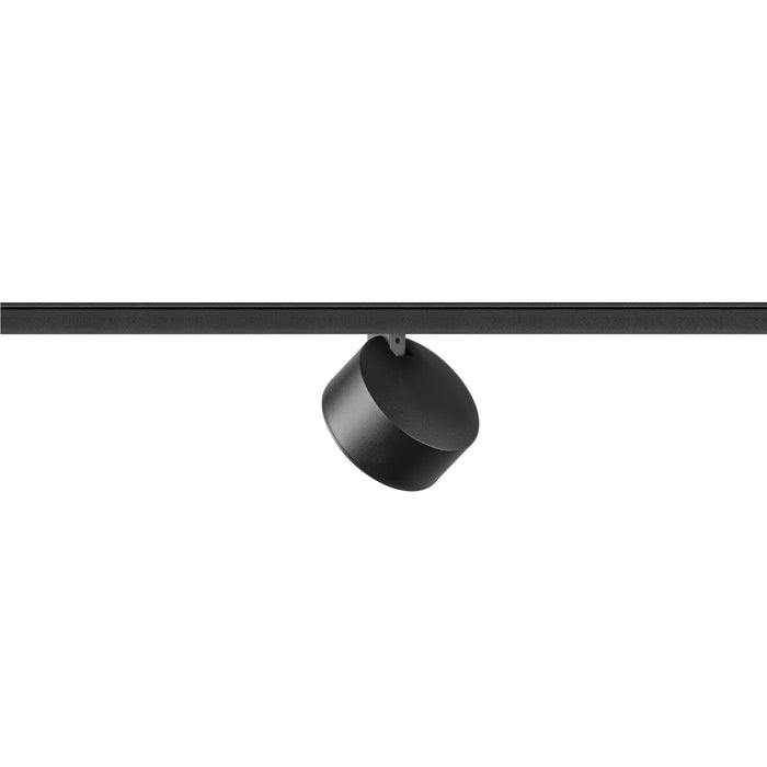 Black metal track lighting fixture with a matte finish, mounted on a track.