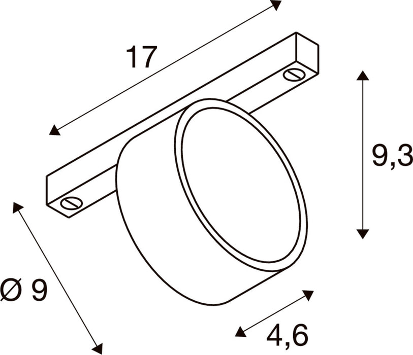 Technical drawing of a cylindrical track light fixture with dimensions.