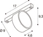 Technical drawing of a cylindrical track light fixture with dimensions.