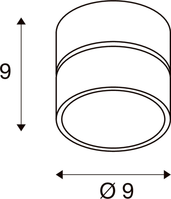 Line drawing of a cylindrical surface-mounted light fixture with dimensions.