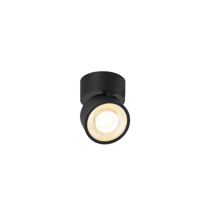 Black metal surface-mounted spotlight with adjustable head.