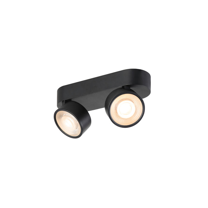Black metal surface-mounted spotlight with two adjustable heads.