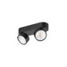 Black metal surface-mounted spotlight with two adjustable heads.