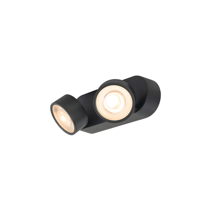 Black metal surface-mounted spotlight with two adjustable heads.
