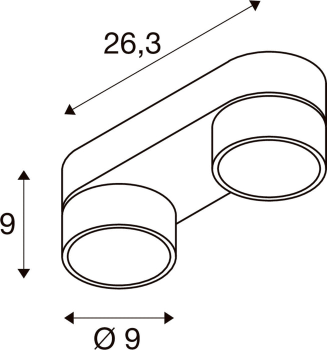 Technical drawing of a two-light surface-mounted spotlight with dimensions.