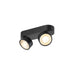Black metal surface-mounted spotlight with two adjustable heads.
