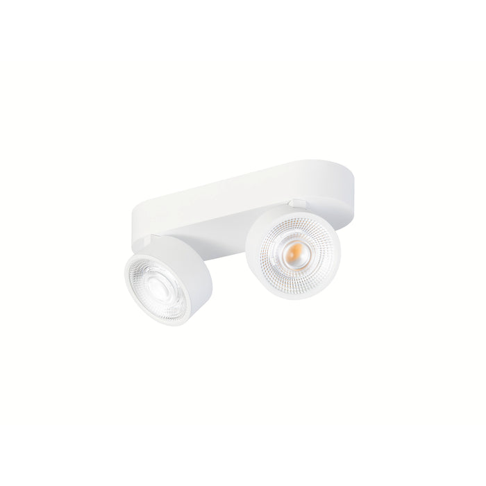 White metal surface-mounted spotlight with two adjustable heads.