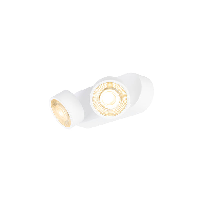 White surface-mounted spotlight fixture with two adjustable heads.