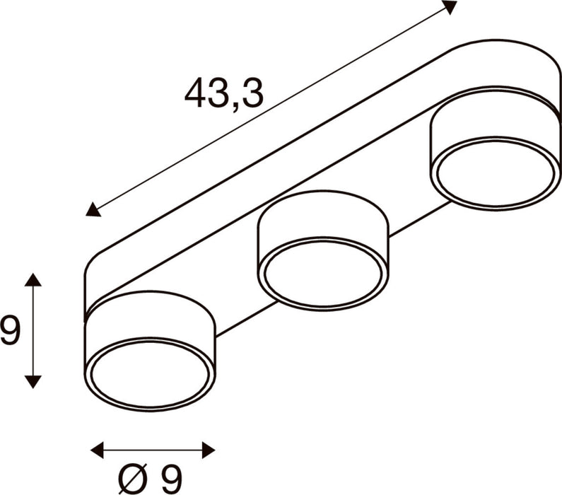 Technical drawing of a three-light ceiling fixture with dimensions.