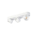 White metal track lighting fixture with three adjustable spotlights, surface mounted.