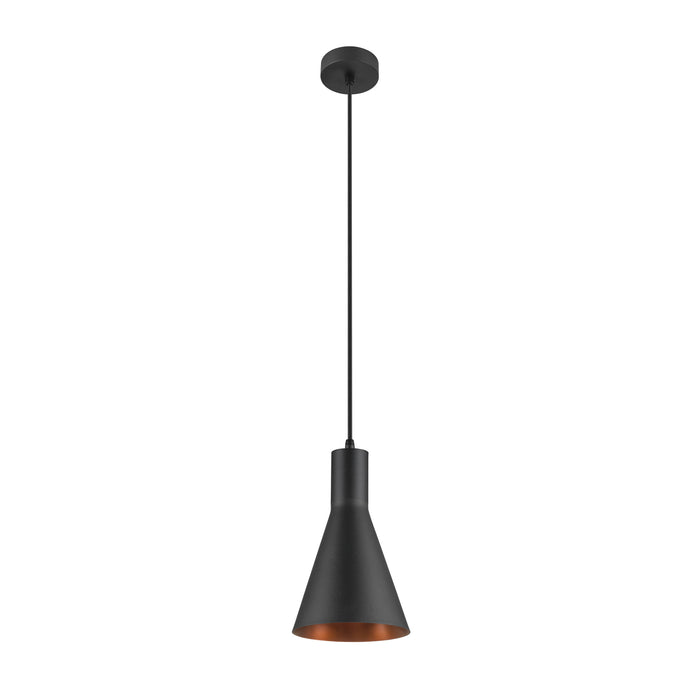 Black metal pendant light fixture with a cone shade and copper-colored interior.