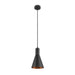 Black metal pendant light fixture with a cone shade and copper-colored interior.