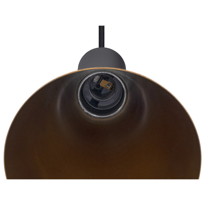 Underside of metal pendant light fixture with bronze finish and black cord.