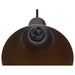Underside of metal pendant light fixture with bronze finish and black cord.