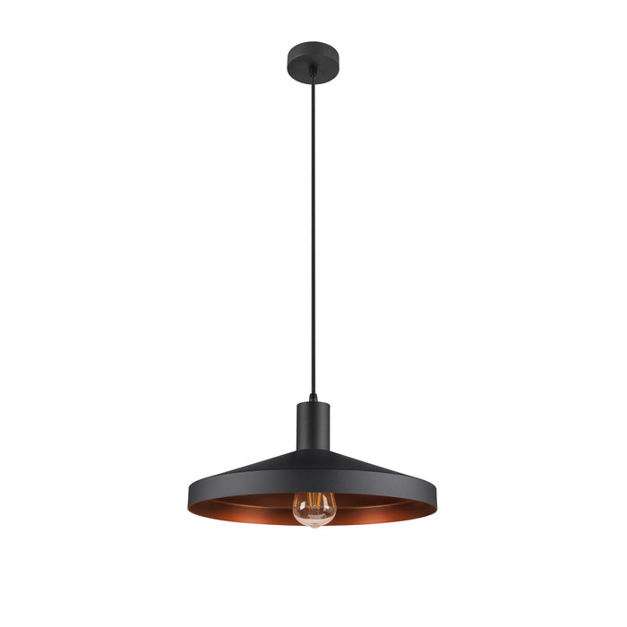 Black metal pendant light fixture with copper-colored interior.