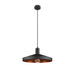 Black metal pendant light fixture with copper-colored interior.
