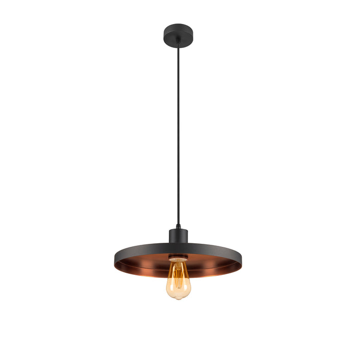 Black metal pendant light fixture with copper interior.
